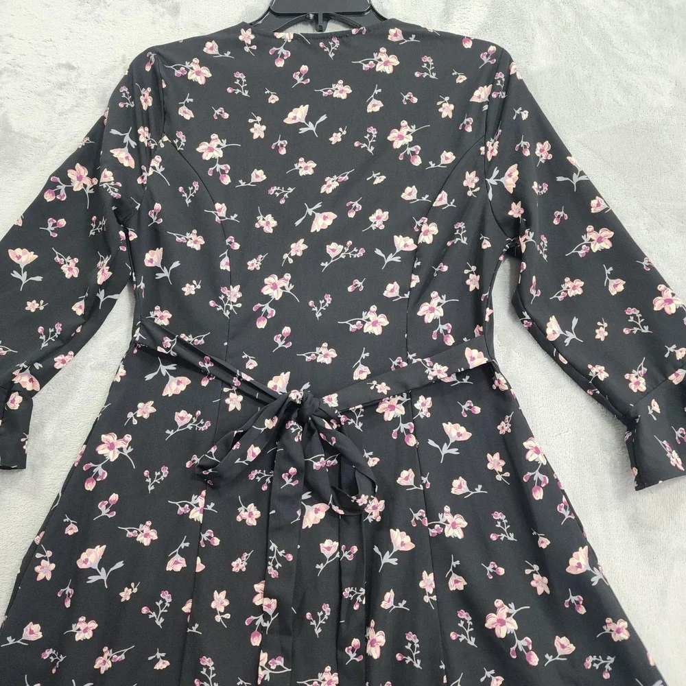 Lulus Dress Womens S Black Floral Button Front Belted Fit & Flare Mini Ruffled